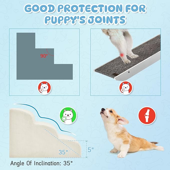 Dog Stairs &amp; Steps for High Beds, 2 Steps High Density Foam Waterproof Dog Ramp for Small Dogs and Cats, Pet Stairs with Washable Cover for Bed, Couch, Sofa and Car, Beige (H: 11.8")