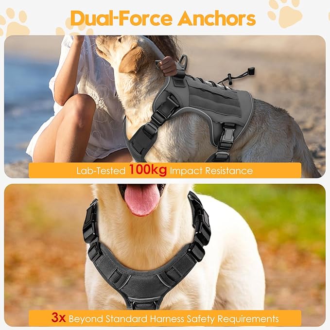 Heavy-Duty Tactical Dog Harness for Large Dogs, No Pull Adjustable Reflective Pet Vest with Molle System, K9 Military-Grade Control for Service Training, Outdoor &amp; 10+ Breeds, Gray, XX-Large