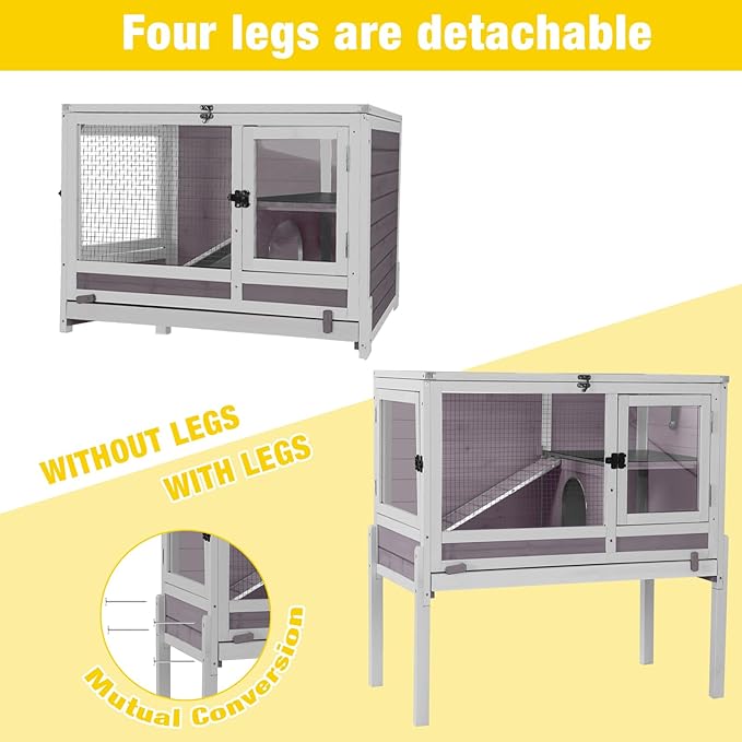 Aivituvin 2-Story Rabbit Hutch with Anti-Chew Ramp &amp; Zinc Sheet - 36.6" Indoor Guinea Pig Cage, Wooden Stand, Pull-Out Tray &amp; Leakproof Floor (Grey)