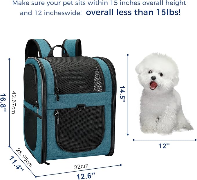 Apollo Walker Dog &amp; Cat Carrier Backpack for 4-15lb Pets - Ventilated Safe Design with Padded Back Support, Breathable Mesh Pet Backpack for Hiking, Travel, Outdoor (Teal)