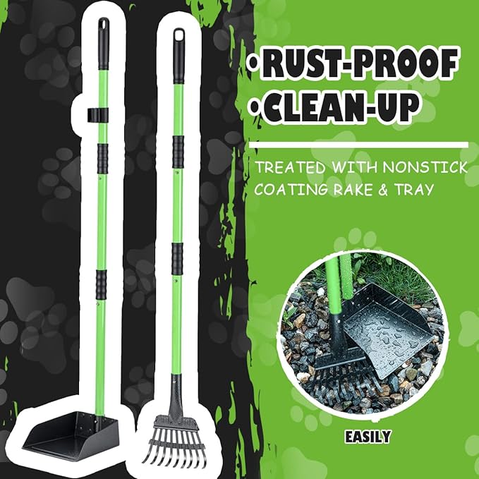 MXF Dog Pooer Scooper Set, 2 in 1 Pet Poop Scooper with Long Handle 28" Dog Poop Picker Upper and Stainless Metal Tray &amp; Rake for Medium &amp; Small Dogs, Heavy Duty for Grass, Dirt, Gravel