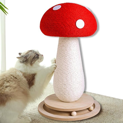 Cat Scratching Post Mushroom Cat Tree with Natural Sisal, Weighted Base &amp; Interactive Ball - for Kittens to Adult Cats - Perfect for Indoor Cats (Red, Large 21 in, 7)