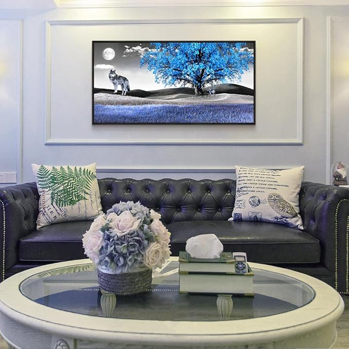 Frame Canvas Wall Art For Living Room Family Wall Decorations For Bedroom Modern Office Wall Decor Paintings Blue Tree Landscape Pictures Artwork Canvas Art Prints Home Decor Black Framed 24" X 48"