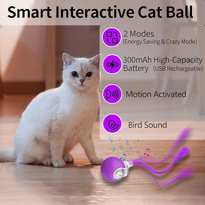 Interactive Cat Toys, Automatic Moving Cat Toys for Bored Indoor Adult Cats, Fast Rolling, Chirping &amp; Motion-Activated Kitty Toys, Fun Gift for Cats with Speedy Tail 2.0, USB Rechargeable, Purple