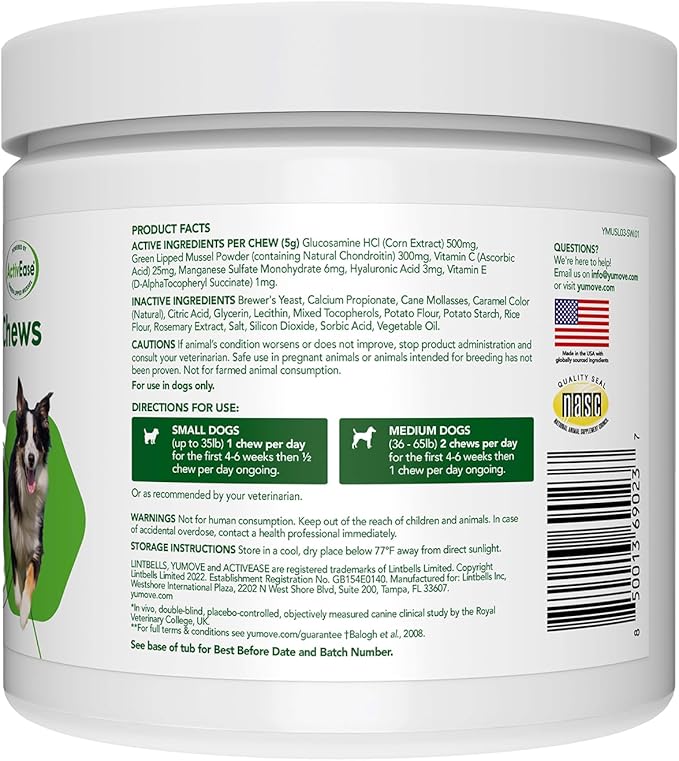 YuMOVE Hip &amp; Joint Supplement for Dogs - With Glucosamine Chondroiton, Green Lipped Mussel , Hyaluronic Acid, and Omega 3 Joint Supplement for Stiffness and Mobility - 60 Chews (Small/Medium Dogs)