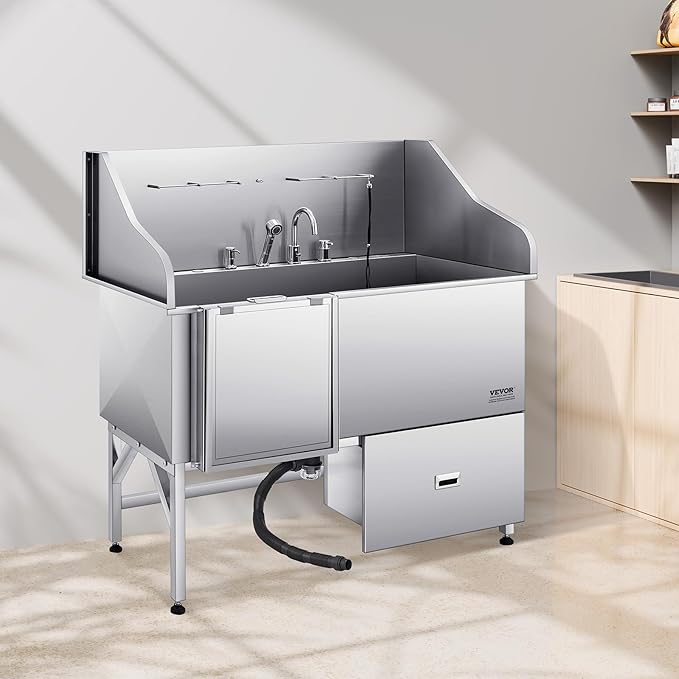 VEVOR Professional 304 Stainless Steel Dog Bathing Station, 61 inch Pet Grooming Tub w/Anti-Slip ramp, Storage Drawer, Cold Hot Faucet Showerhead, for Large &amp; Medium &amp; Small (Left Door, with Drawer)