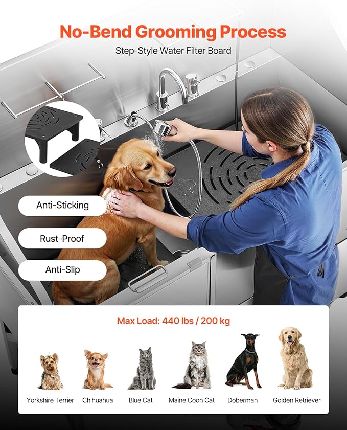 VEVOR Professional 304 Stainless Steel Dog Bathing Station, 61 inch Pet Grooming Tub w/Anti-Slip ramp, Storage Drawer, Cold Hot Faucet Showerhead, for Large &amp; Medium &amp; Small (Left Door, with Drawer)