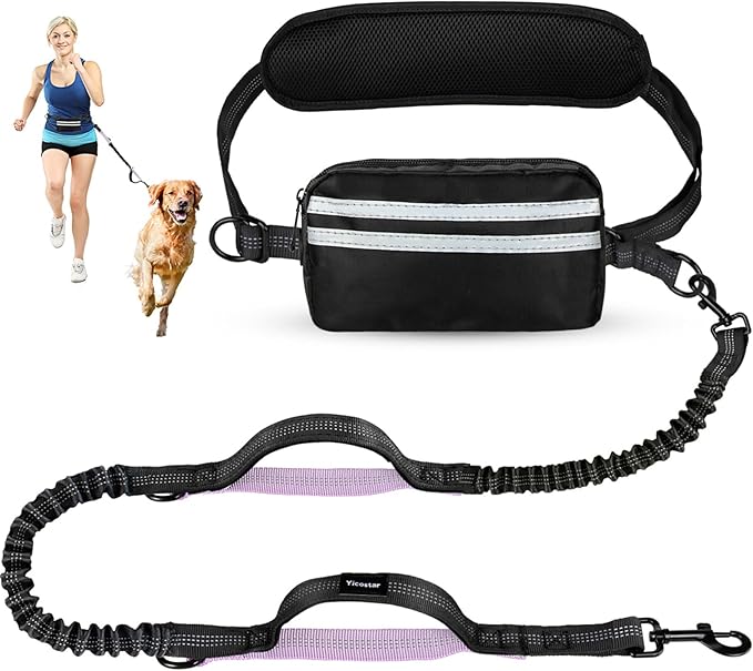 Hands Free Dog Leash, Shcok Abosoring Bungee with Double Padded Handles, Waist Leash for Dog Walking, Dog Leash with Bungee for Medium &amp; Large Dog, Dog Walking Accessories, Black Purple