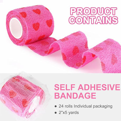 24 Pack Self Adhesive Vet Wrap &amp; Medical Tape, 2 Inch x 5 Yards Cohesive Bandage Wrap - Pink Heart Grip Tape for Ankle, Wrist Sprains, Sports, Pet First Aid