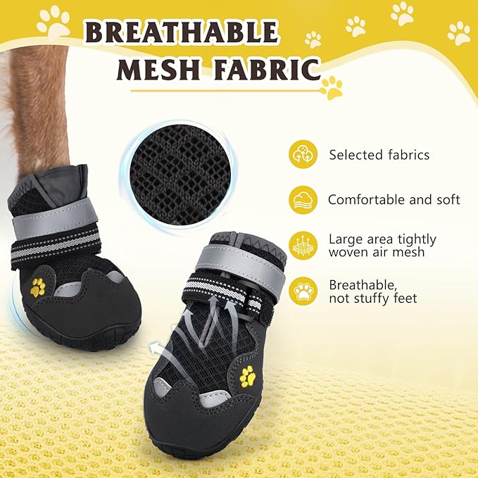 Dog Shoes, FISHOAKY Dog Shoes for Large Dogs, Mesh Breathable Dog Boots &amp; Paw Protectors for Summer Hot Pavement Winter Snowy, 360°Anti Slip 4Pcs Dog Booties with Reflective Black (Size 8)