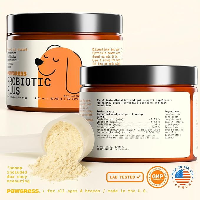5-in-1 Dog Probiotic Powder – 100% Natural Gut Health Support with Prebiotics, Postbiotics &amp; Enzymes – Crafted by Dog Nutritionist Kayla Kowalski, Made in USA – 30 Scoops