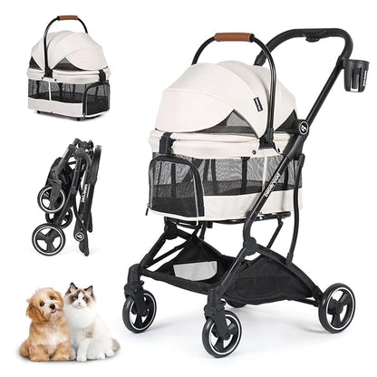 T3 Foldable Pet Stroller for Small Dogs &amp; Cats – 3-in-1 Lightweight Design, 180° Canopy &amp; Detachable Carrier (Beige)