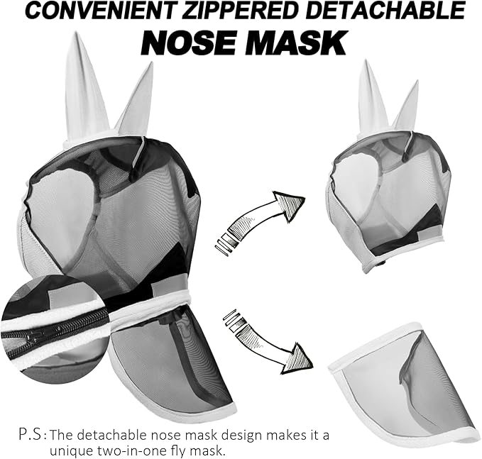 Luminous Horse Fly Mask with Long Nose, Ears, Full Face &amp; Eye Protection - Full Mesh, Detachable Nose Cover, Fleece Padded Edging, Hook-and-Loop Straps with Webbing, Hanging Straps Grey