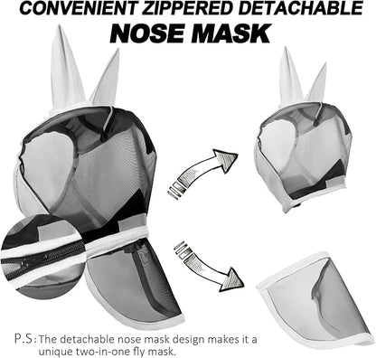 Luminous Horse Fly Mask with Long Nose, Ears, Full Face &amp; Eye Protection - Full Mesh, Detachable Nose Cover, Fleece Padded Edging, Hook-and-Loop Straps with Webbing, Hanging Straps Grey