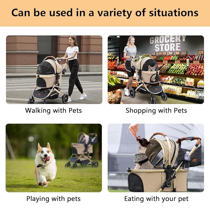 Pettingzoo Dog stroller with 4 Wheels, Folding Cat Stroller for Small/Medium/Large dogs &amp; cats to 60 lbs, pet stroller with removable carrier, Storage BasketCup Holder,3 in1 Multifunctional Detachable