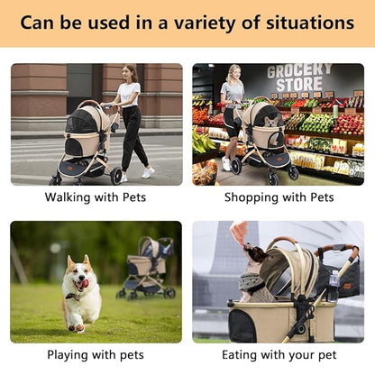 Pettingzoo Dog stroller with 4 Wheels, Folding Cat Stroller for Small/Medium/Large dogs &amp; cats to 60 lbs, pet stroller with removable carrier, Storage BasketCup Holder,3 in1 Multifunctional Detachable