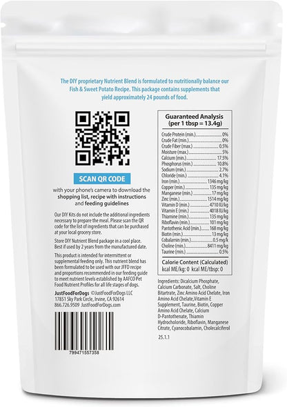 JustFoodForDogs DIY Nutrient Blend for Homemade Dog Food, Fish &amp; Sweet Potato Recipe, 5.92oz