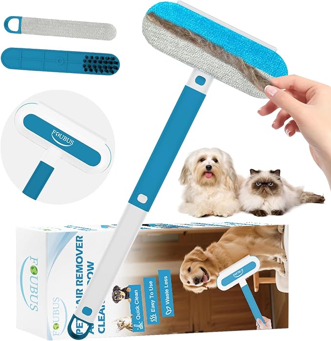 Multifunctional Pet Hair Remover Tool, 4 in 1-Reusable Washable Long Handle Dog&amp;Cat Fur Hair Remover for Furniture,Carpet,Couch,Clothes,Bedding,Car,Window,Better Than Lint Rollers, with 2 Scrapers