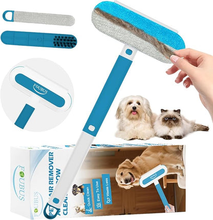 Multifunctional Pet Hair Remover Tool, 4 in 1-Reusable Washable Long Handle Dog&amp;Cat Fur Hair Remover for Furniture,Carpet,Couch,Clothes,Bedding,Car,Window,Better Than Lint Rollers, with 2 Scrapers