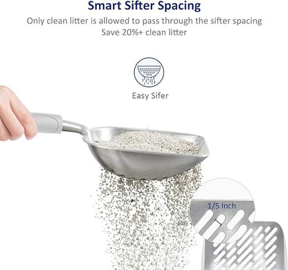 WePet Cat Litter Scoop, Aluminum Alloy Sifter, Kitty Metal Scooper, Deep Shovel with Diagonal Sifting Hole, Long Handle, Kitten Poop Lifter for Litter Box, Large Size, Grey Handle