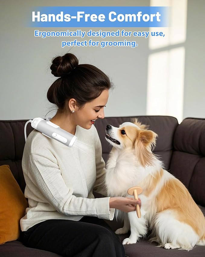 Hands-Free Dog Hair Dryer – Low Noise Pet Grooming Blower for Small &amp; Medium Dogs Cats, Fast Drying, Adjustable Heat &amp; Speed, Portable (Gray)