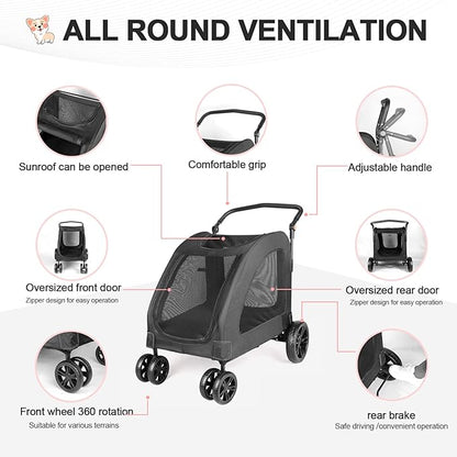 Large Dog Travel Stroller with 4 Heavy Duty Wheels Pet Stroller with Adjustable Handle - Double Doggie Capacity Jogger Wagon with Back Front Door for Small Medium Large Dogs (Black)