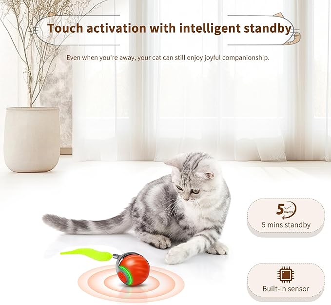 Speedy Tail 2.0 Interactive Cat Toy – Smart Self-Rolling Cat Ball with Feather Tail, Automatic Moving Motorized Toy for Indoor Cats, Chasing &amp; Hunting Fun (Orange)