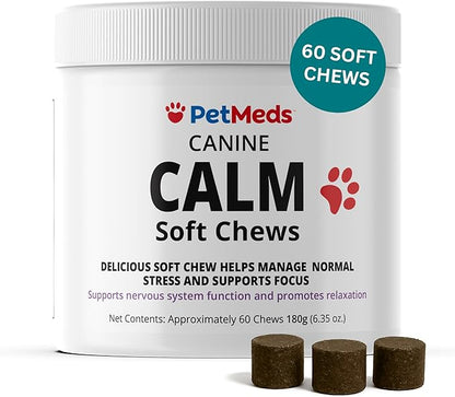PetMeds Calm Supplement for Dogs - Anxiety &amp; Stress Relief with Vitamins, Theanine &amp; Lemon Balm - Supports Dogs During Travel, Thunder &amp; Separation - Beef &amp; Sweet Potato Flavor - 60 Soft Chews