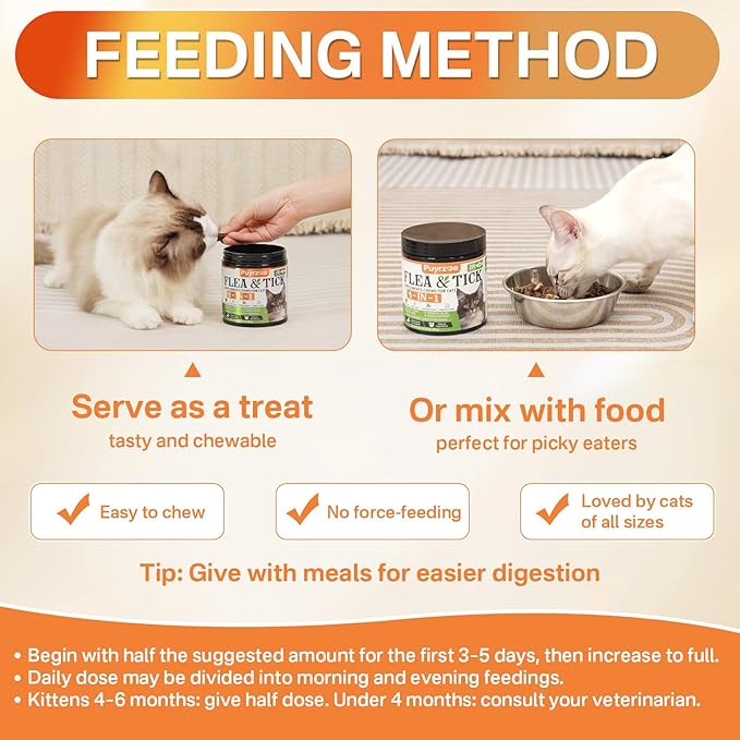 4-in-1 Flea Treatment for Cats Chewable, Natural Cat Flea and Tick Prevention Chewable Supplement for Skin &amp; Coat | Immunity Support | Digestive | Flea &amp; Tick Treatment for All Breeds &amp; Sizes