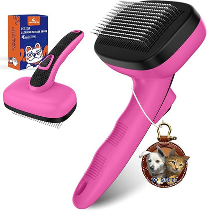 Dog Brush for Shedding &amp; Grooming, Self Cleaning Slicker with Retractable Pins for Short &amp; Long Haired Dogs &amp; Cats. Removes Loose Fur, Undercoat, Mats &amp; Tangles. Fits Large, Small Pet. Pink