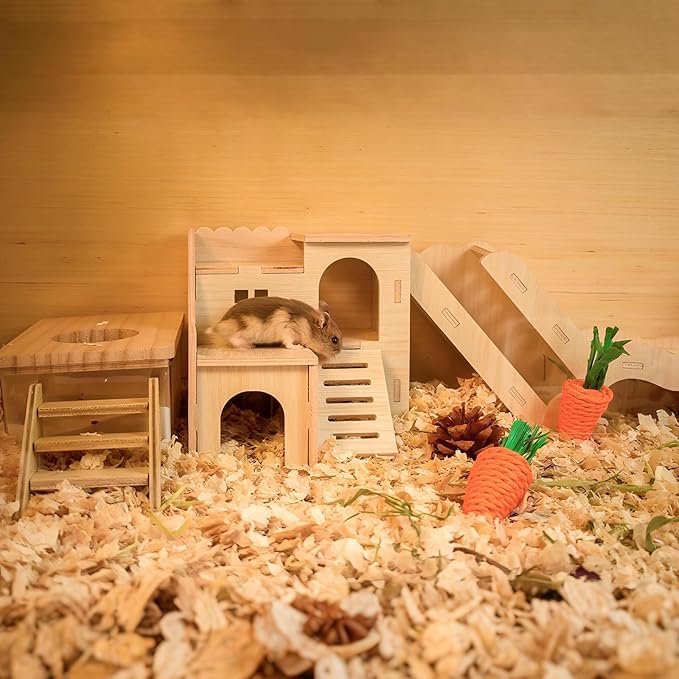 Multi-Chamber Hamster Hideout &amp; House, Natural Wood Small Animal Cage Accessories for Dwarf Hamsters, Gerbils and Mice – Ventilated Design with Structure