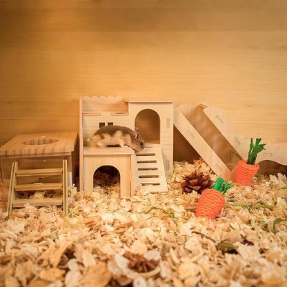 Multi-Chamber Hamster Hideout &amp; House, Natural Wood Small Animal Cage Accessories for Dwarf Hamsters, Gerbils and Mice – Ventilated Design with Structure