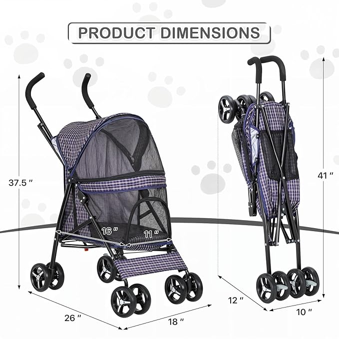 MoNiBloom 4 Wheels Pet Stroller, Easy-Fold Umbrella Shaped Dog Cat Jogger Stroller w/Storage Bag &amp; Visible Mesh for Small/Medium Dogs Cats Plaid