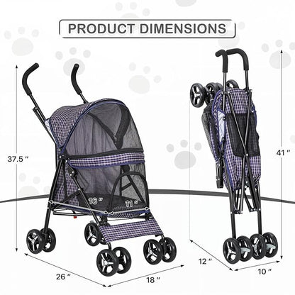 MoNiBloom 4 Wheels Pet Stroller, Easy-Fold Umbrella Shaped Dog Cat Jogger Stroller w/Storage Bag &amp; Visible Mesh for Small/Medium Dogs Cats Plaid