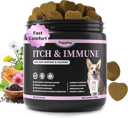 Itch Relief for Dogs - Turmeric Supplements for Itching Skin Comfort &amp; Coat Health &amp; Seasonal Allergy Care, Immune Support Supplement with Omega-3 Fish Oil, Biotin - Chicken Flavor - 90 Count