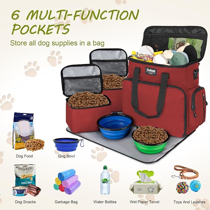 Dog Travel Bag Airline Approved–Pet Travel Tote with Collapsible Bowls,Food Containers &amp; Feeding Mat–Multi-Pocket Organizer for Dogs &amp; Cats, Durable &amp; Water-Resistant for Hiking,Trips,Outdoors