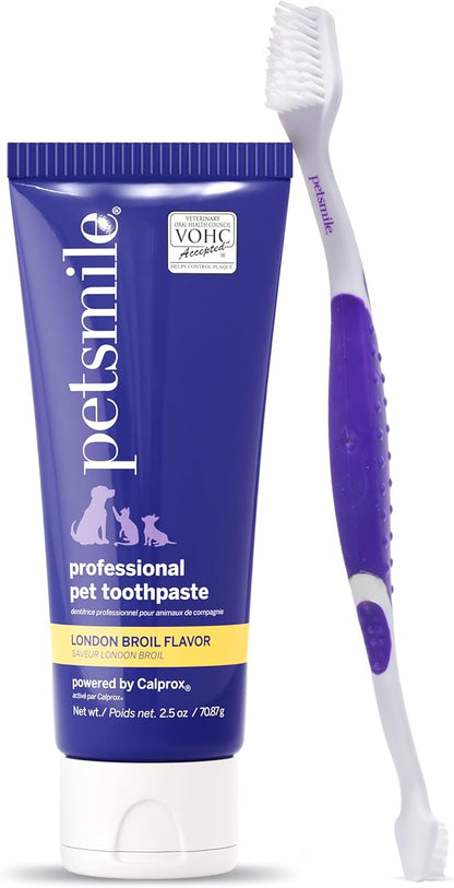 Petsmile Professional Pet Teeth Brushing Kit for Cats &amp; Dogs - Only VOHC Accepted Toothpaste &amp; Patented Toothbrush - Proven to Control Plaque &amp; Tartar Calprox Formula (London Broil, 2.5 Oz)