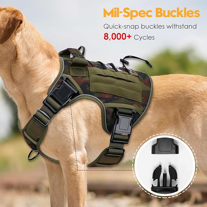 Heavy-Duty Tactical Dog Harness for Large Dogs, No Pull Adjustable Reflective Pet Vest with Molle System, K9 Military-Grade Control for Service Training, Outdoor &amp; 10+ Breeds, Green Camo, XX-Large