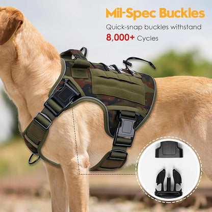 Heavy-Duty Tactical Dog Harness for Large Dogs, No Pull Adjustable Reflective Pet Vest with Molle System, K9 Military-Grade Control for Service Training, Outdoor &amp; 10+ Breeds, Green Camo, XX-Large