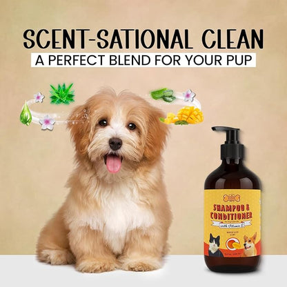 POM Pets 2-in-1 Organic Dog Shampoo &amp; Conditioner – Itchy Skin Relief, Dog Deshedding, Detangles Fur, Cat Shampoo, Paw Cleaner for Dogs, Natural Coat Defense Formula