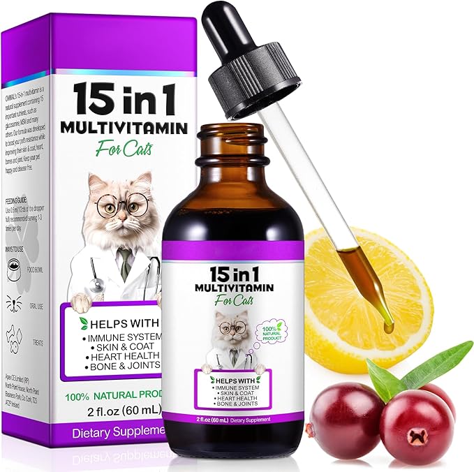Cat Multivitamin,15 in 1 Cat Vitamins Liquid Drops Supplements for Heart Health, Bones, Joint, Skin &amp; Coat, Bladder, Immune System Support 60ml