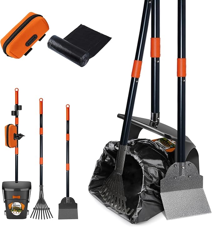 Dog Pooper Scooper with Bags &amp; Dispenser - 37.4" Long Durable Metal Handle Swivel Bin &amp; Rake &amp; Spade Kit, Large Capacity Portable Pooper Scooper for Yards，Easy to Assemble