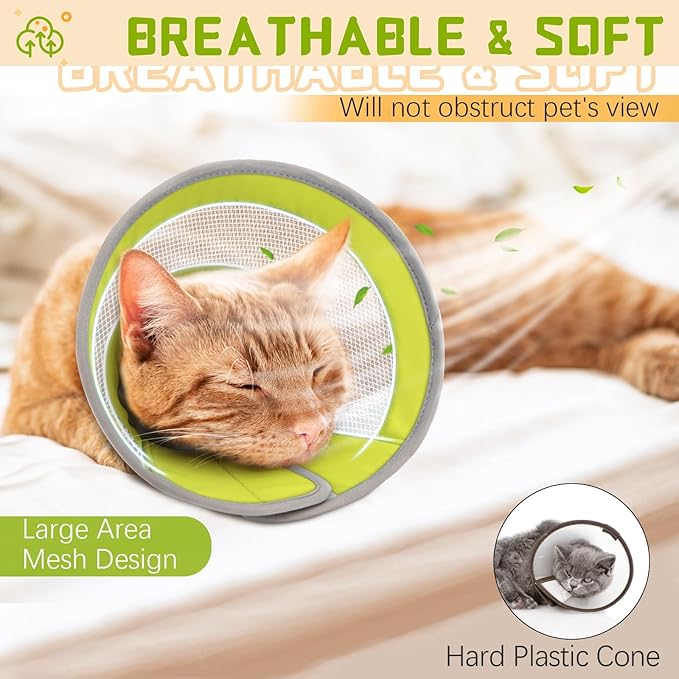 Breathable Air Mesh Cat Cone Collar Soft - Adjustable Recovery Collar to Stop Licking After Surgery, Foldable Lightweight E-Collar for Cats &amp; Kittens (Green,S)