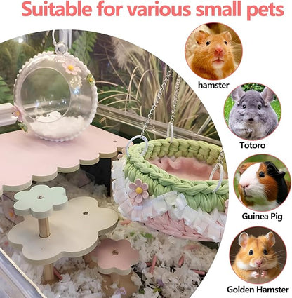 4-Pack Wooden Rat Cage Accessories - Platforms, Ladders &amp; Hammocks Set for Chinchillas, Hamsters, Gerbils (for Iron/Wooden, Acrylic Hamster Cages + Customizable Layout) (11x6.7x5.5)