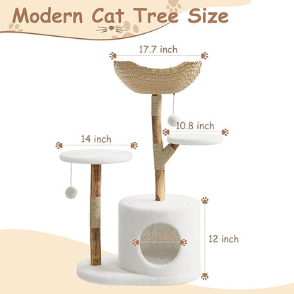 Modern Wood Cat Tree Tower for Large Cats | Luxury Solid Pear Wood Condo with Platforms, Scratching Posts &amp; All-Season Mats, 43" Aesthetic Cat Furniture, 2 Branch