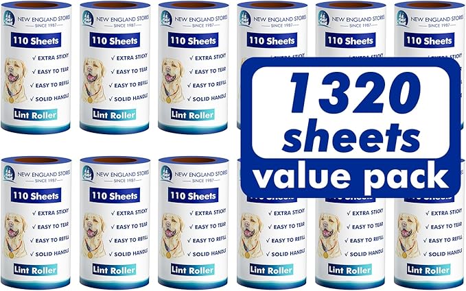 Lint Rollers for Pet Hair Extra Sticky, 1320 Sheets (12 Refills Mega Value Set), Portable Pet Lint Remover for Clothes, Furniture, Carpet, Dog &amp; Cat Hair Removal
