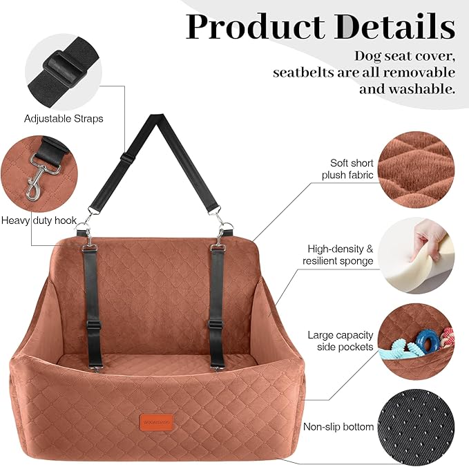 Dog Car Seat for Medium &amp; Large Dogs Up to 55lbs, Memory Foam Cushion, Washable Cover, Safety Straps &amp; Non-Slip Base (Brown, Large)