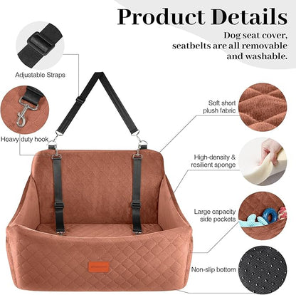 Dog Car Seat for Medium &amp; Large Dogs Up to 55lbs, Memory Foam Cushion, Washable Cover, Safety Straps &amp; Non-Slip Base (Brown, Large)