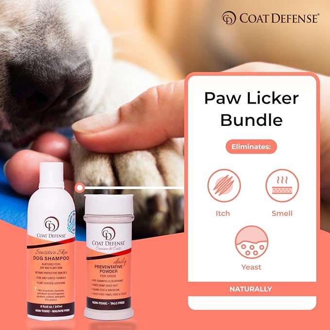 COAT DEFENSE Paw Licker Bundle | Dry Powder for Dogs &amp; Sensitive Skin Dog Shampoo for Allergies and Itching | Smell &amp; Itch Relief | Itchy Skin Relief &amp; Yeast Dog Treatment