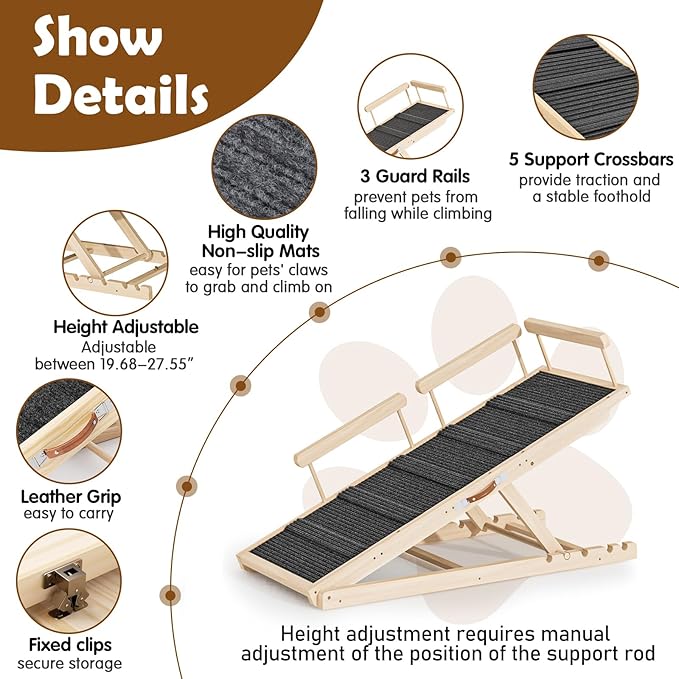 Dog Ramp for Couch, Bed or Car, Wooden 55" Long Pet Stairs for Small &amp; Large Old Dogs &amp; Cats, Hold up to 250lb, 6 Adjustable Height from 19.68" to 27.55" Portable Doggie Steps, Excellent Traction